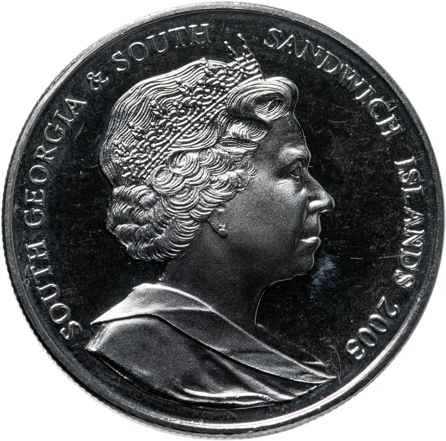 Южная Георгия 2 фунта (pounds) 2003  275 лет со дня рождения Джеймса Кука, реверс