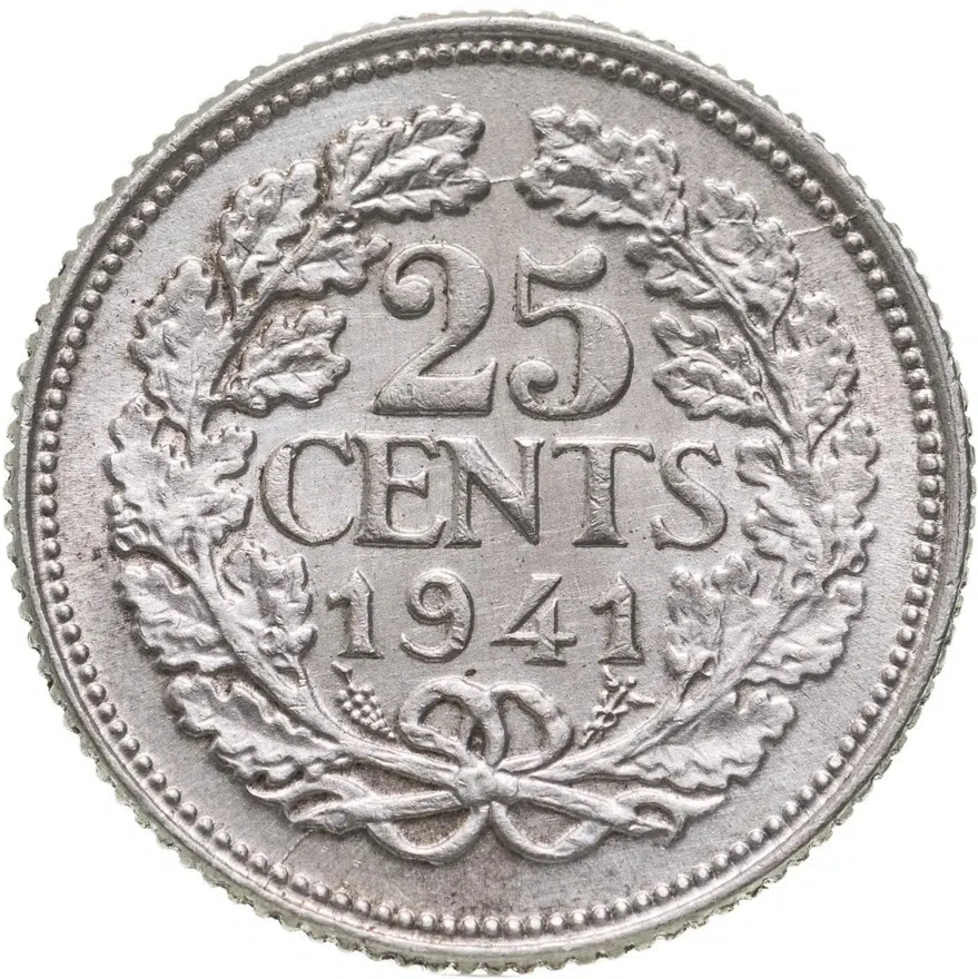 Нидерланды 25 центов (cents) 1941 Портрет на аверсе, аверс