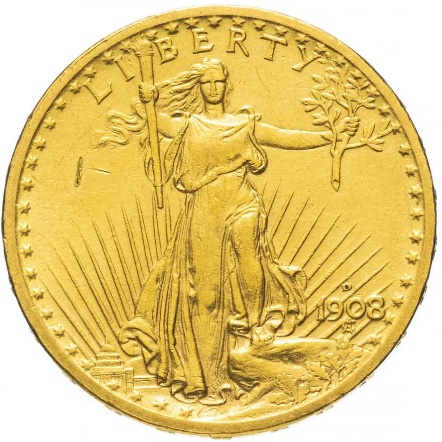 США 20 dollars (долларов) 1908 двойной орёл Сен-Годена (Saint-Gaudens double eagle)