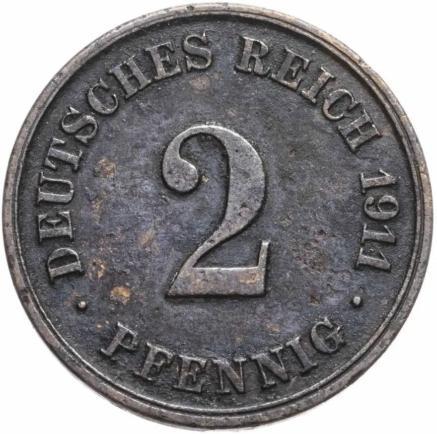 Германия 2 пфеннига (pfennig) 1911 J  знак монетного двора: "J" - Гамбург, аверс