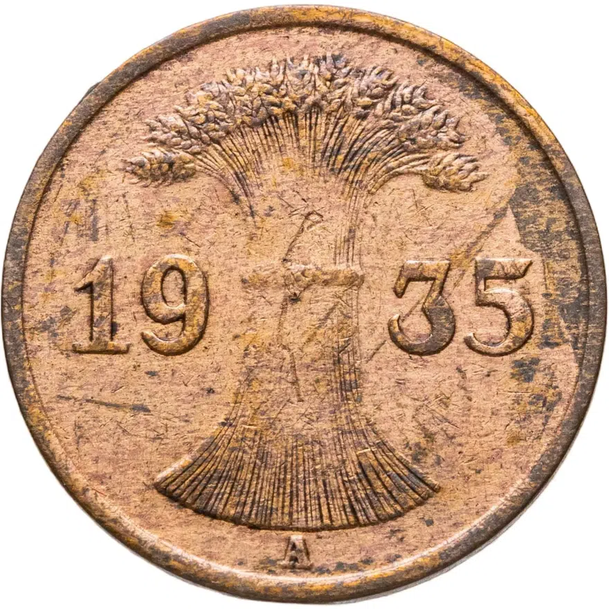 Германия 1 рейхспфенниг (reichspfennig) 1935 A  знак монетного двора "A" — Берлин, реверс