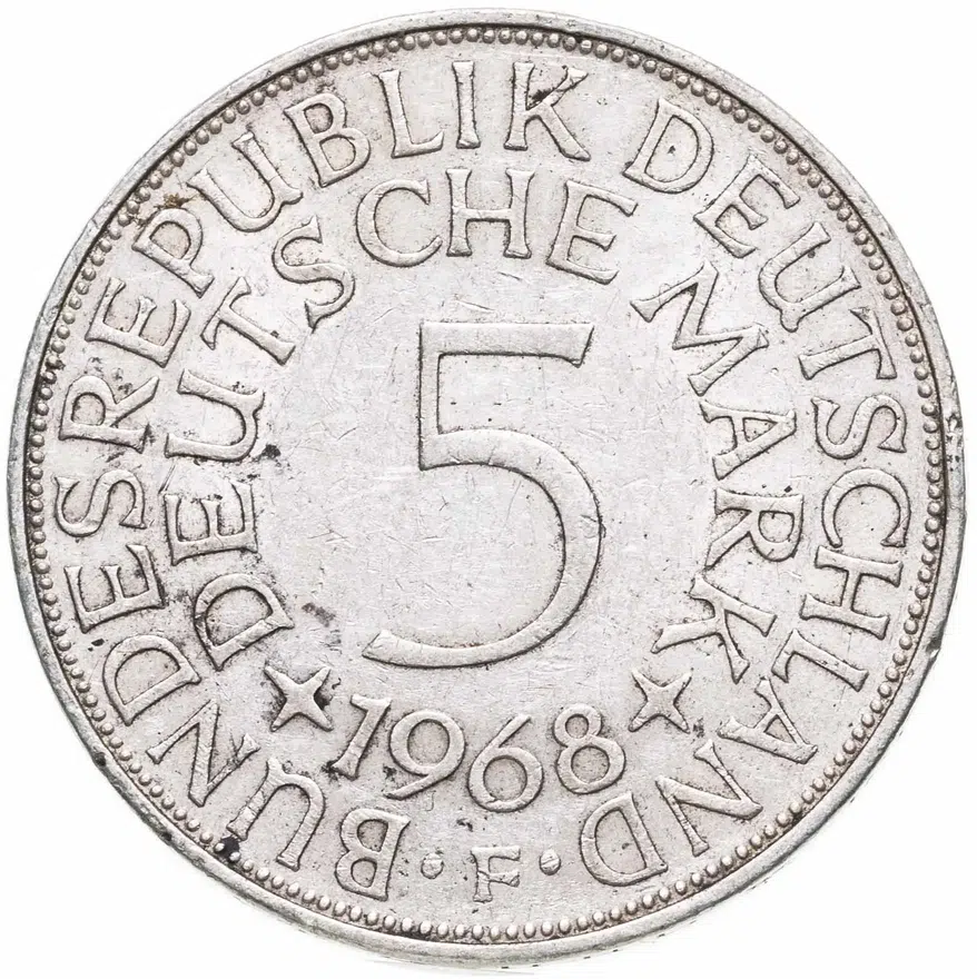 Германия 5 марок 1968 Отметка монетного двора: "F" - Штутгарт