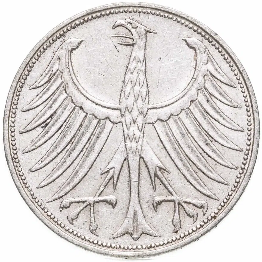 Германия 5 марок 1968 Отметка монетного двора: "F" - Штутгарт, реверс