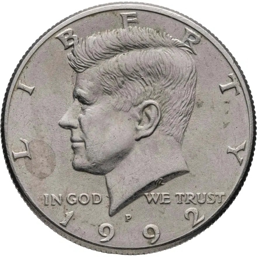 США 50 центов (1/2 доллара, half dollar) 1992 Р Kennedy Half Dollar (Кеннеди) знак монетного двора "Р" - Филадельфия, аверс