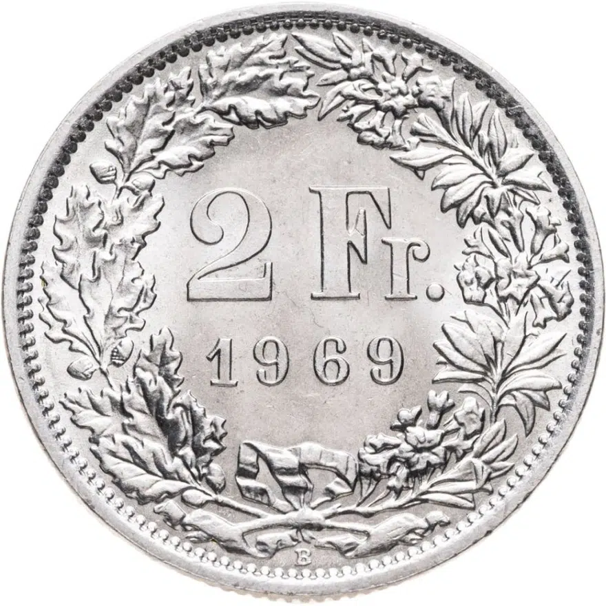 Швейцария 2 франка (francs) 1969, аверс