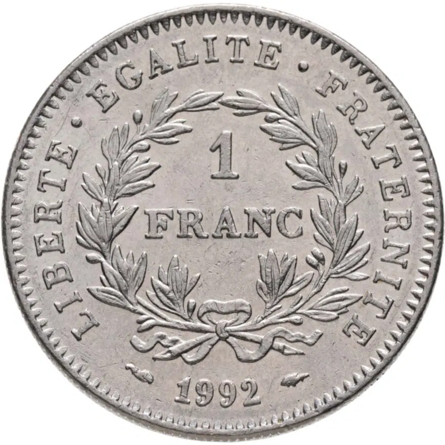 Франция 1 франк (franc) 1992  200 лет Французской Республике, реверс