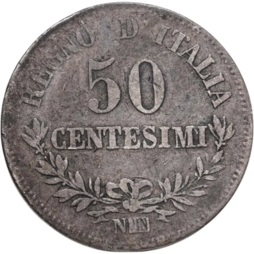 Италия 50 чентезимо (centesimi) 1863 N Номинал на реверсе знак монетного двора: "N" - Неаполь