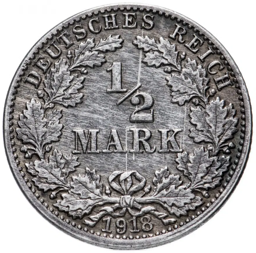 Германия (Германская империя) 1/2 марки 1918 "J", реверс