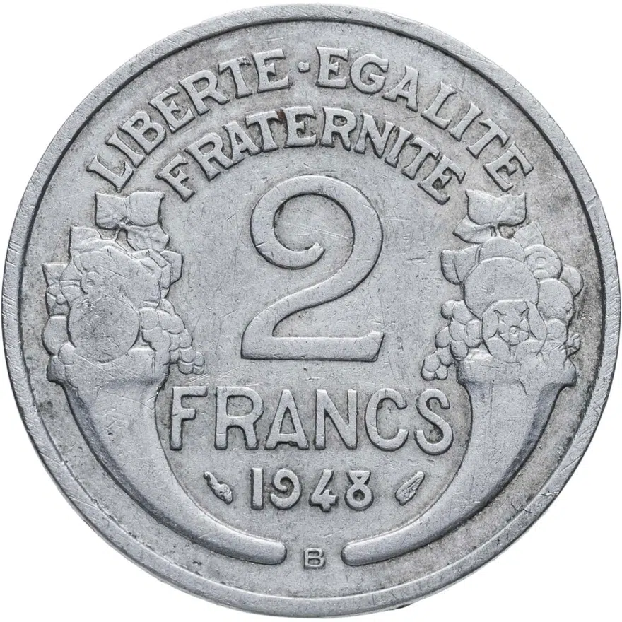 Франция 2 франка (francs) 1948 B  знак монетного двора: "B" - "Бомон-ле-Роже", реверс
