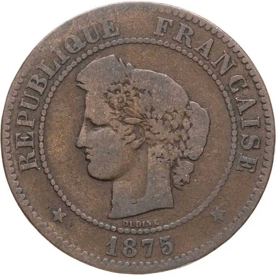 Франция 5 сантимов (centimes) 1875 A  знак монетного двора: "A" - Париж, реверс