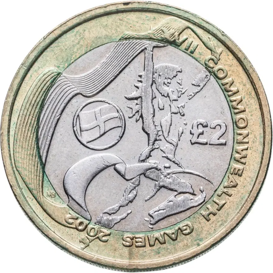 Великобритания 2 фунта (pounds) 2002 XVII Игры Федерации Содружества наций - флаг Англии, аверс