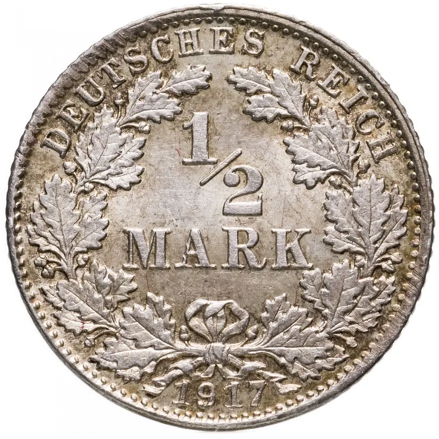 Германия 1/2 марки (mark) 1917 D   знак монетного двора: "D" - Мюнхен, аверс