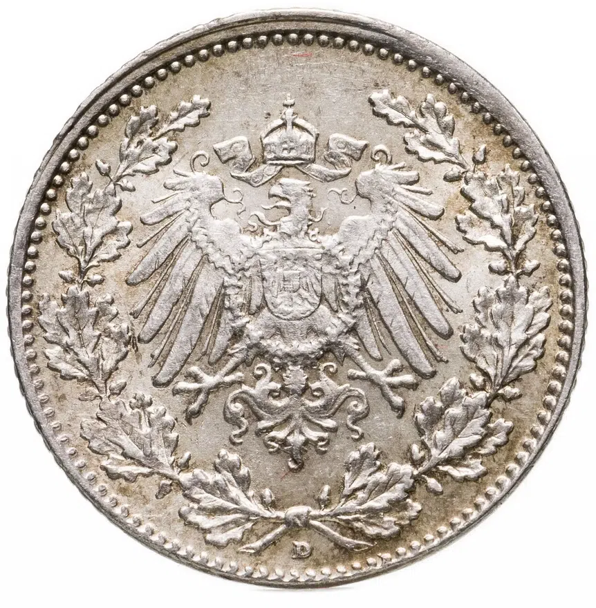 Германия 1/2 марки (mark) 1917 D   знак монетного двора: "D" - Мюнхен, реверс
