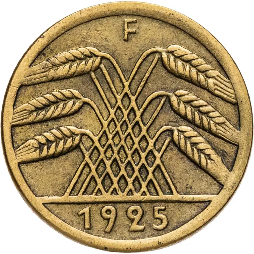 Германия 5 рейхспфеннигов (reichspfennig) 1925 F  знак монетного двора "F" — Штутгарт