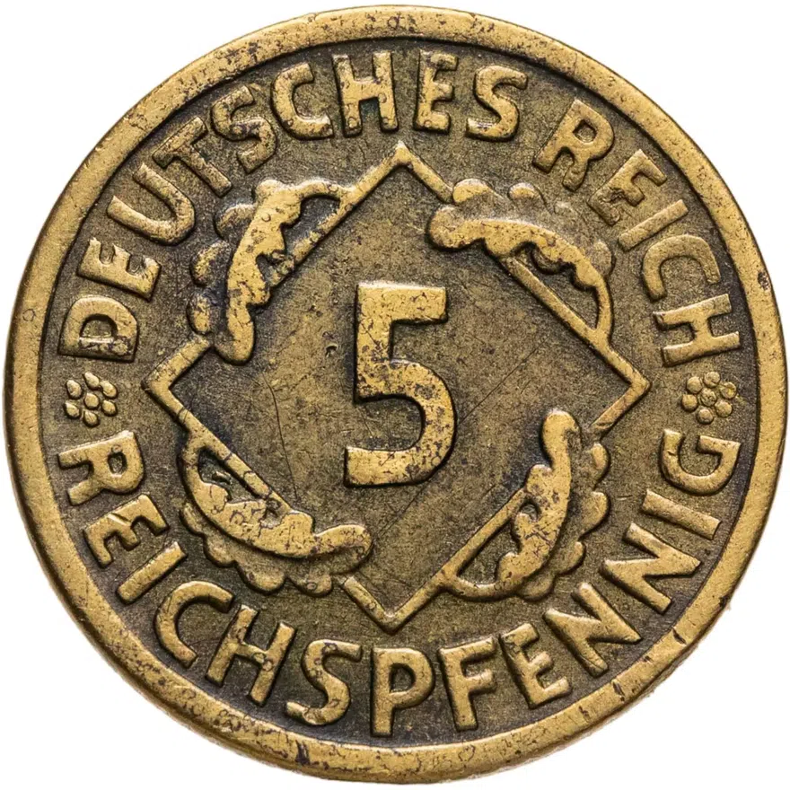 Германия 5 рейхспфеннигов (reichspfennig) 1925 F  знак монетного двора "F" — Штутгарт, реверс