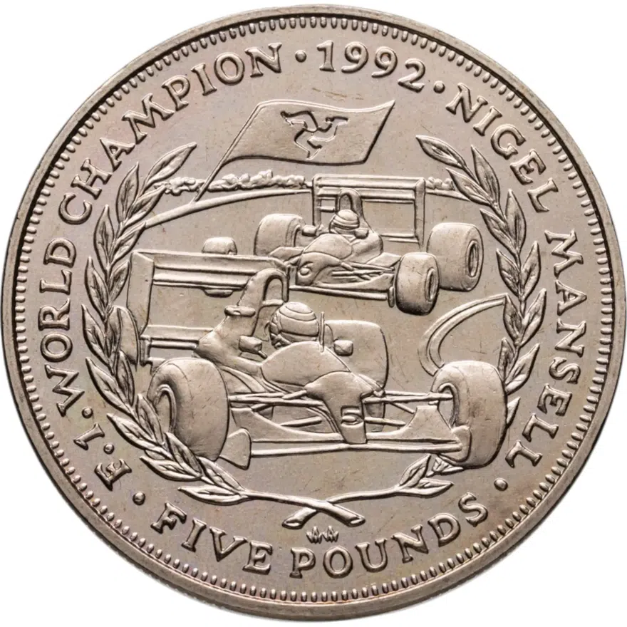 Остров Мэн 5 фунтов (pounds) 1993 Чемпион мира в формуле F1 1992 - Найджел Мэнселл, аверс