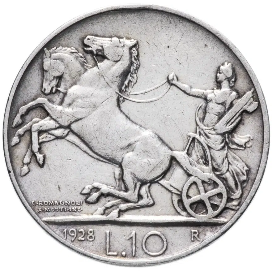 Италия 10 лир (lire) 1928, реверс