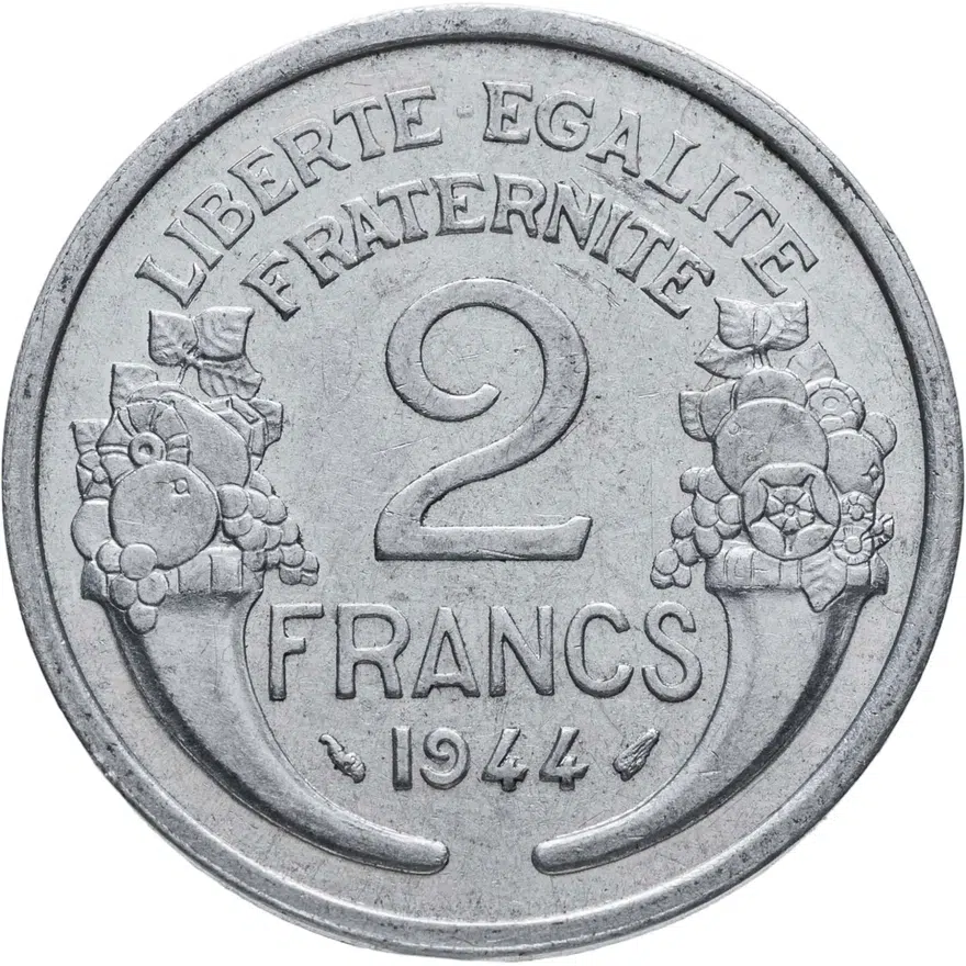 Франция 2 франка (francs) 1944  REPUBLIQUE FRANÇAISE Без отметки монетного двора, реверс