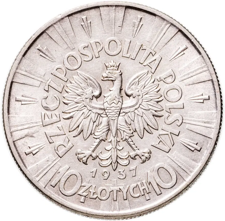 Польша 10 злотых (zlotych) 1937  Пилсудский, реверс