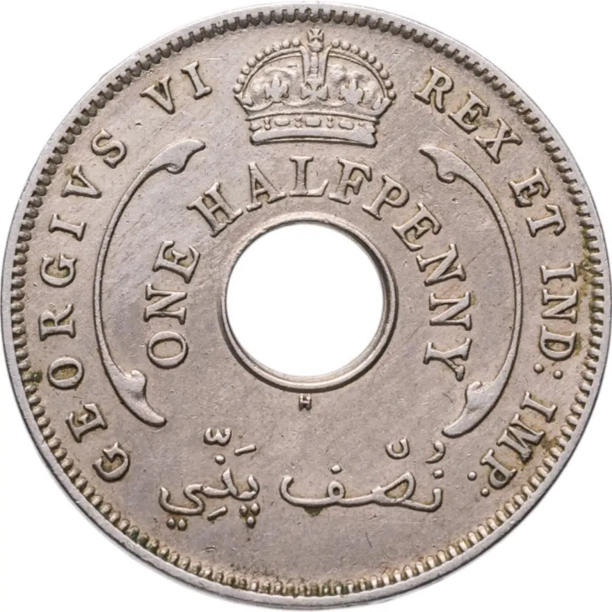 Британская Западная Африка 1/2 пенни (penny) 1947 H знак монетного двора: "H" - Хитон, Бирмингем, аверс