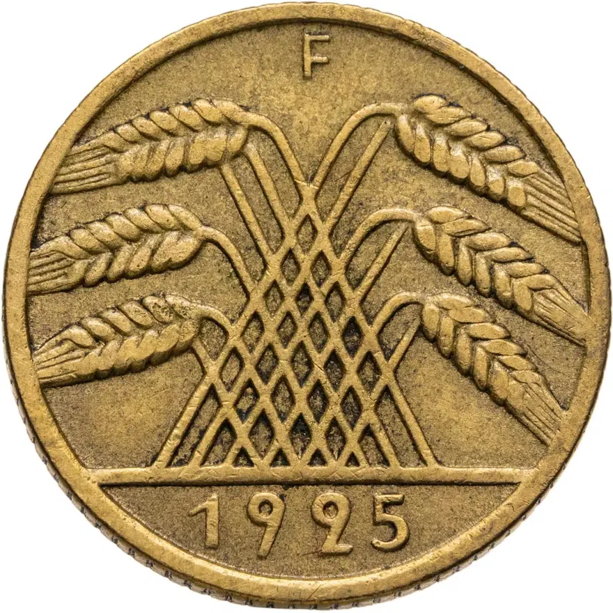 Германия 10 рейхспфеннигов (reichspfennig) 1925 F  знак монетного двора "F" — Штутгарт