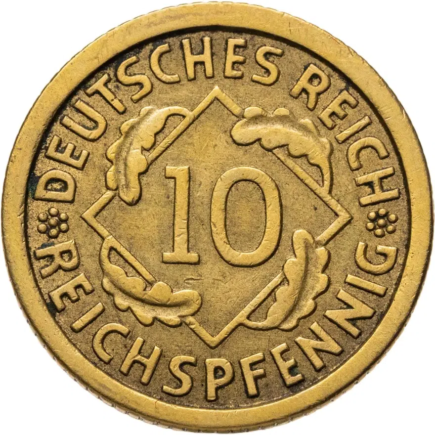 Германия 10 рейхспфеннигов (reichspfennig) 1925 F  знак монетного двора "F" — Штутгарт, реверс