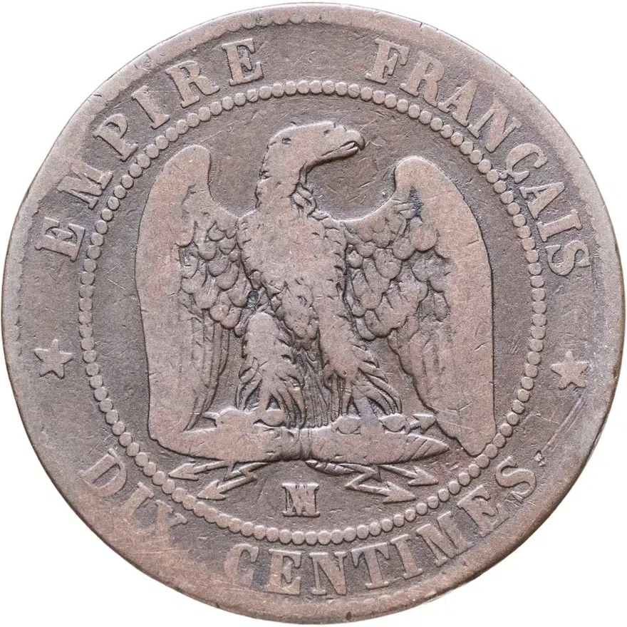 Франция 10 сантимов (centimes) 1855 MA, реверс