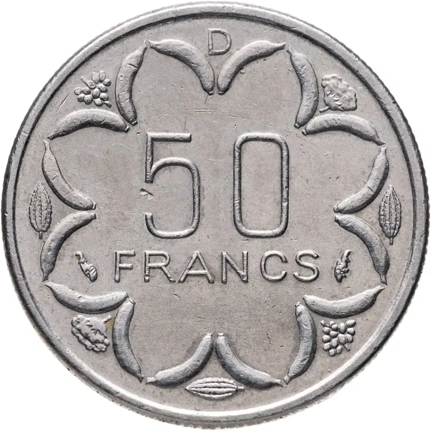 Центральная Африка (BEAC) 50 франков (francs) 1985 Отметка на реверсе "D" - Габон