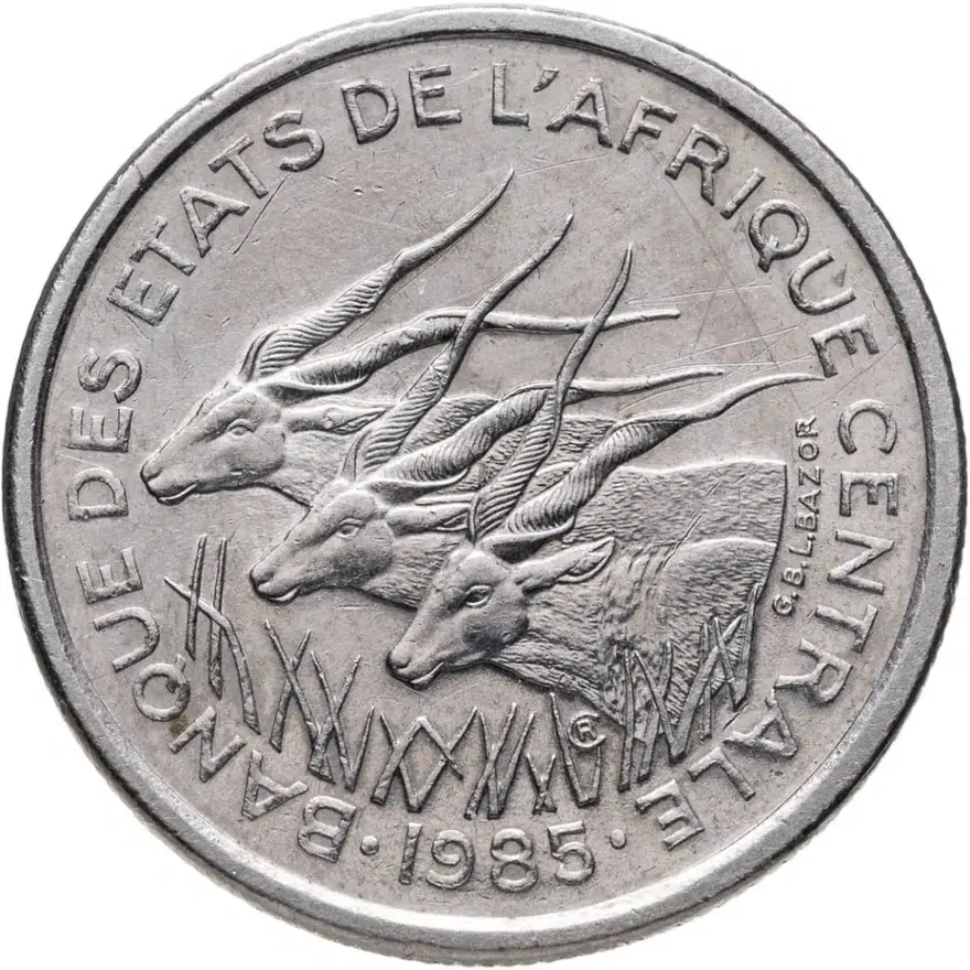 Центральная Африка (BEAC) 50 франков (francs) 1985 Отметка на реверсе "D" - Габон, реверс