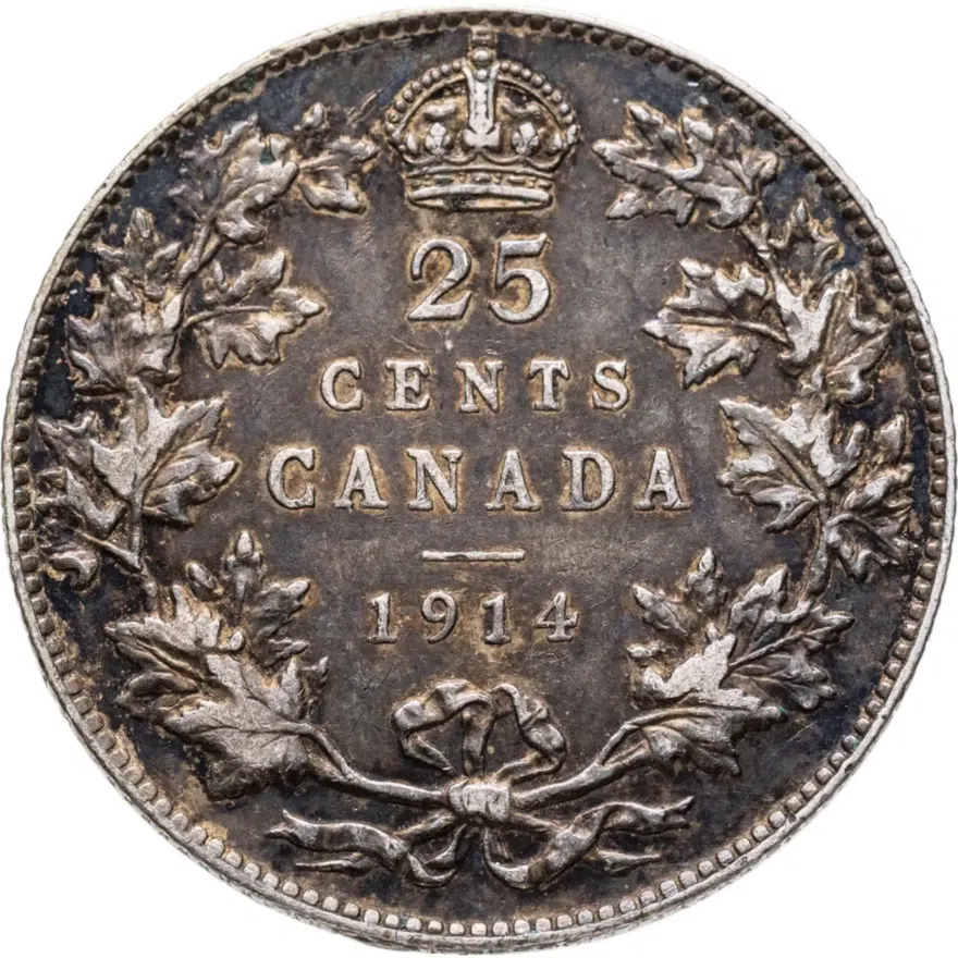 Канада 25 центов (cents) 1914, реверс