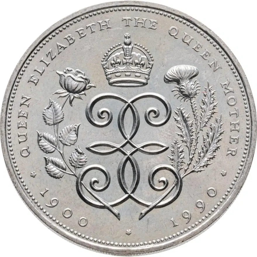 Великобритания 5 фунтов (pounds) 1990 90 лет со дня рождения королевы - матери медно-никелевый сплав