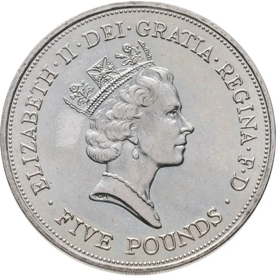 Великобритания 5 фунтов (pounds) 1990 90 лет со дня рождения королевы - матери медно-никелевый сплав, реверс