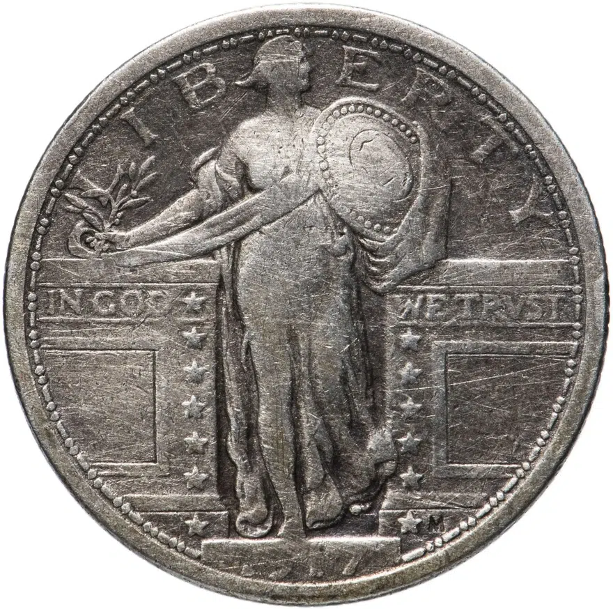 США 25 центов (квотер, 1/4 доллара, quarter dollar) 1917 Standing Liberty Quarter Без отметки монетного двора, аверс