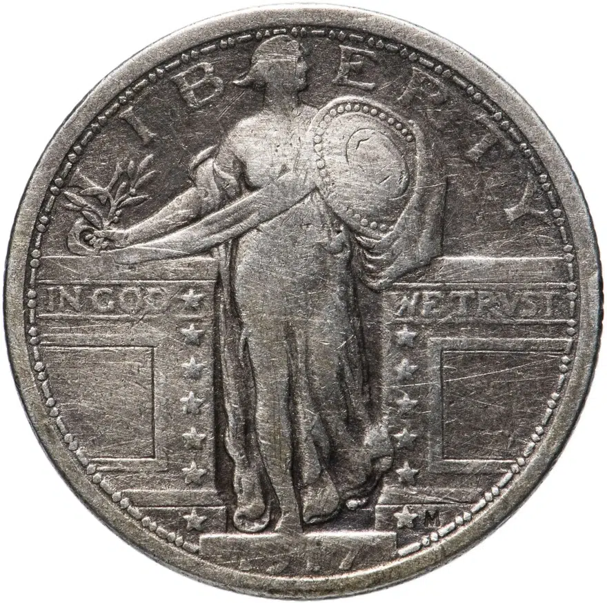 США 25 центов (квотер, 1/4 доллара, quarter dollar) 1917 Standing Liberty Quarter Без отметки монетного двора, реверс
