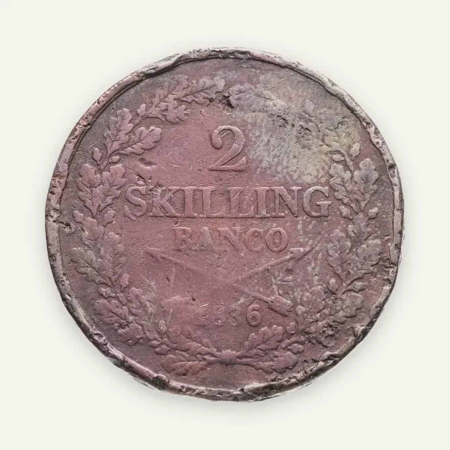 Швеция 2 скиллинга банко (skilling banco) 1836, аверс