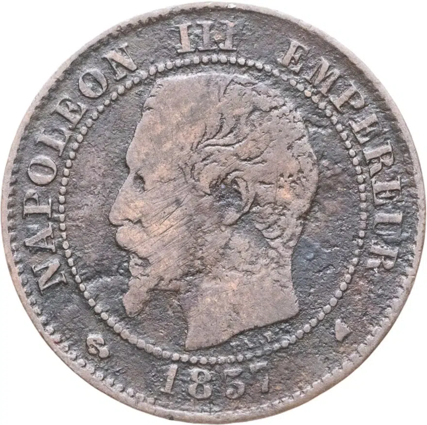 Франция 2 сантима (centimes) 1857 K  знак монетного двора: "K" - Бордо