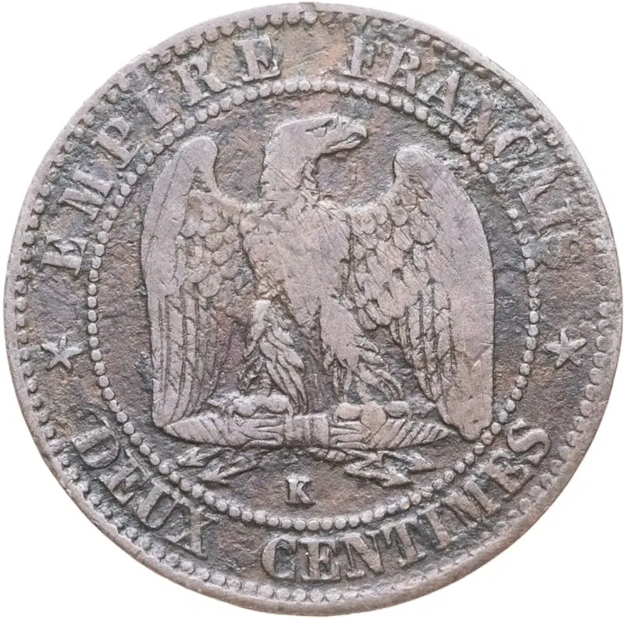 Франция 2 сантима (centimes) 1857 K  знак монетного двора: "K" - Бордо, реверс
