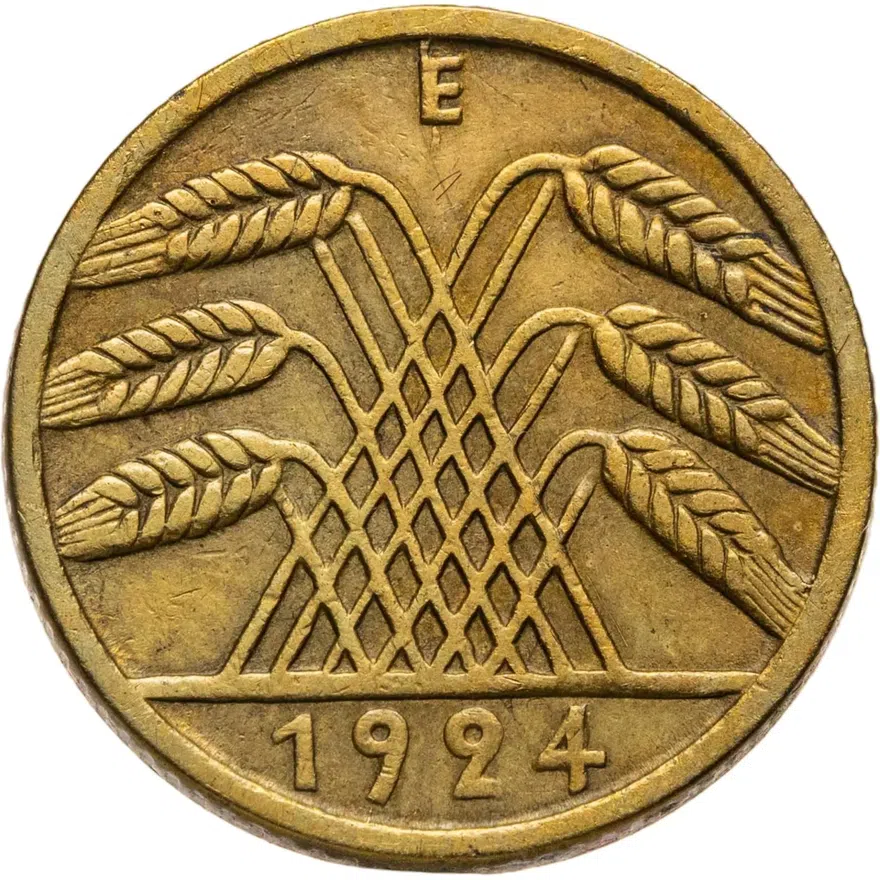 Германия 5 рентных пфеннигов (rentenpfennig) 1924 E  знак монетного двора "E" — Мульденхюттен, аверс