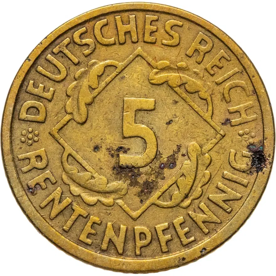 Германия 5 рентных пфеннигов (rentenpfennig) 1924 E  знак монетного двора "E" — Мульденхюттен, реверс