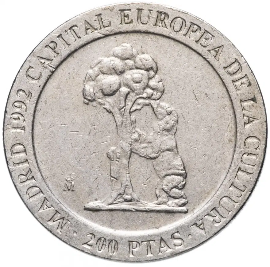 Испания 200 песет (pesetas) 1992 "Мадрид – культурная столица Европы /Медведь, залезающий на дерево"