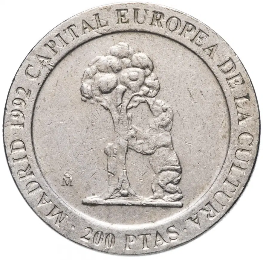 Испания 200 песет (pesetas) 1992 "Мадрид – культурная столица Европы /Медведь, залезающий на дерево", реверс