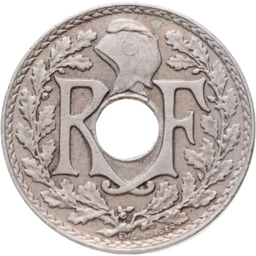 Франция 5 сантимов (centimes) 1933  Новый тип: Отверстие в центре, реверс