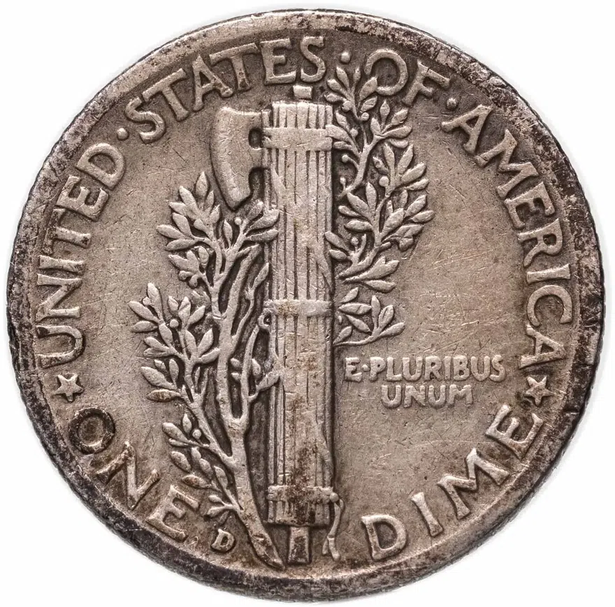 США 10 центов (дайм, one dime) 1942 D Mercury Dime (дайм «Меркурий») знак монетного двора "D" - Денвер