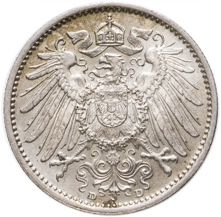 Германия 1 марка (mark) 1915 D  знак монетного двора: "D" - Мюнхен, реверс