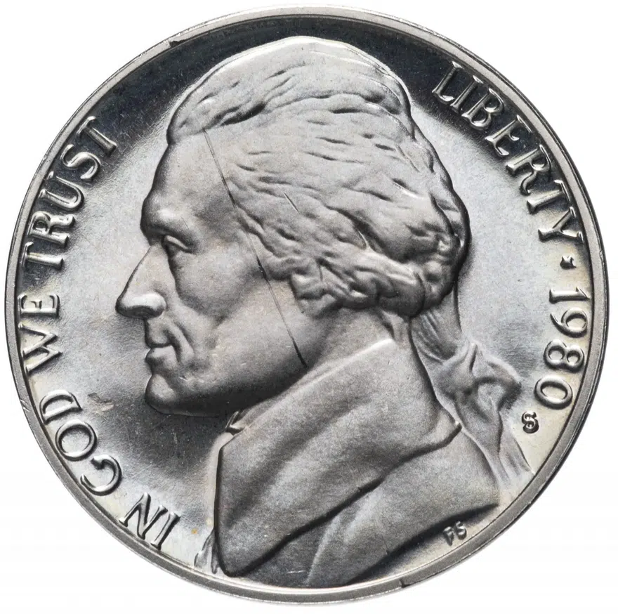 США 5 центов (cents) 1980 S Jefferson Nickel (Джефферсон) знак монетного двора "S", реверс