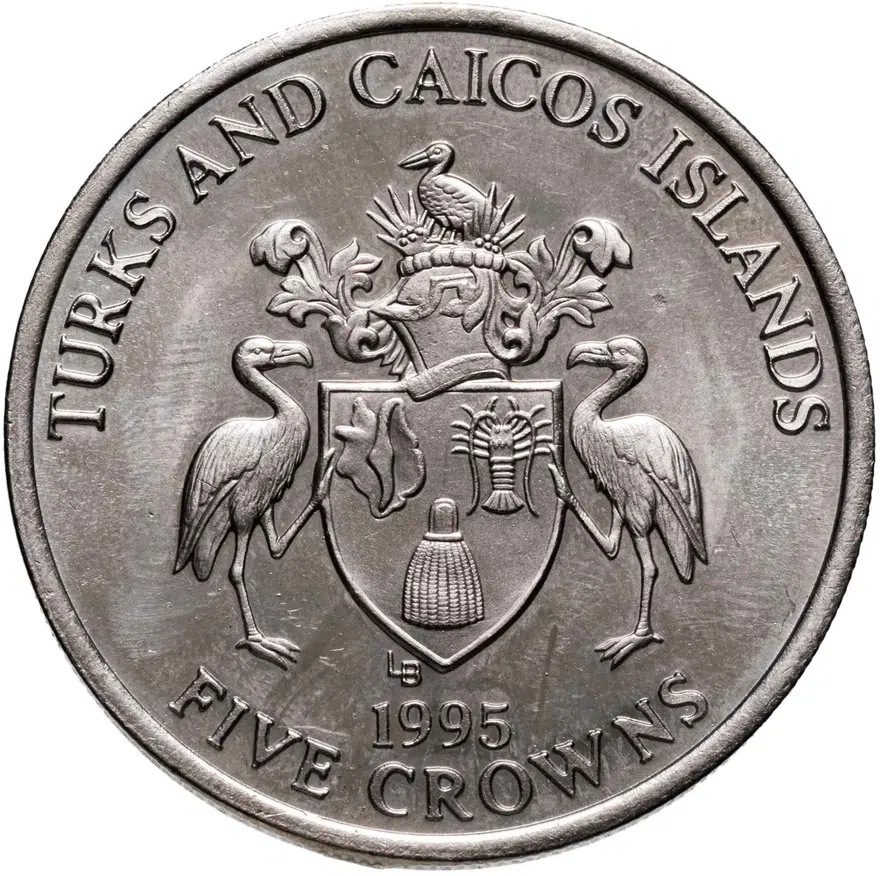 Тёркс и Кайкос 5 крон (crowns) 1995  50 лет Победе. Сталин, Черчилль, Рузвельт, в конверте с марками, реверс