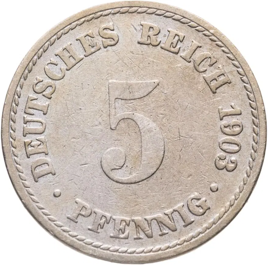 Германия 5 пфеннигов (pfennig) 1903 A  знак монетного двора: "A" - Берлин, аверс