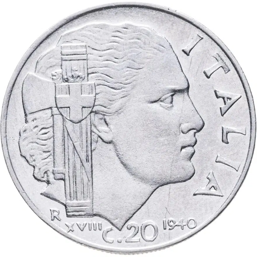 Италия 20 чентезимо (centesimi) 1940  Магнетик, ребристый гурт, реверс