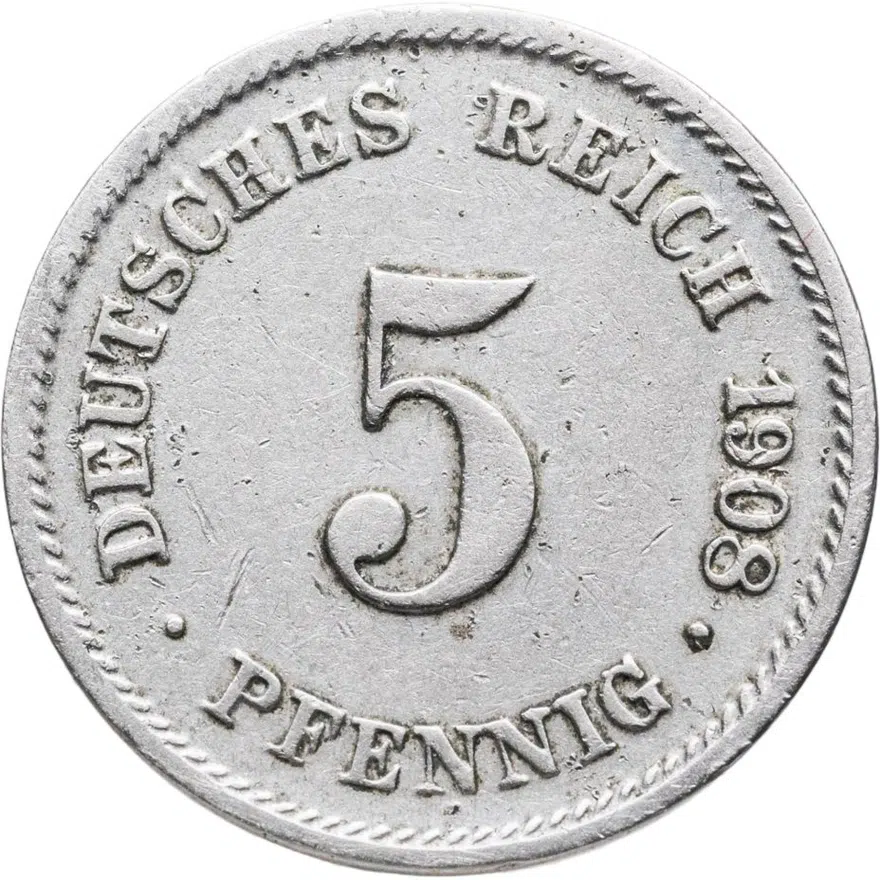 Германия 5 пфеннигов (pfennig) 1908 G  знак монетного двора: "G" - Карлсруэ, аверс
