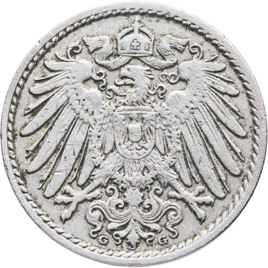 Германия 5 пфеннигов (pfennig) 1908 G  знак монетного двора: "G" - Карлсруэ, реверс